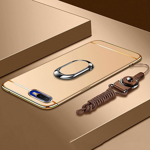 Funda Bumper Lujo Marco de Metal y Plastico Carcasa con Anillo de dedo Soporte T02 para Oppo R17 Neo Oro