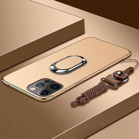 Funda Bumper Lujo Marco de Metal y Plastico Carcasa con Anillo de dedo Soporte y Lanyard para Apple iPhone 13 Pro Max Oro