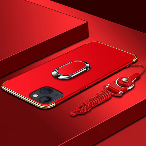 Funda Bumper Lujo Marco de Metal y Plastico Carcasa con Anillo de dedo Soporte y Lanyard para Apple iPhone 14 Rojo