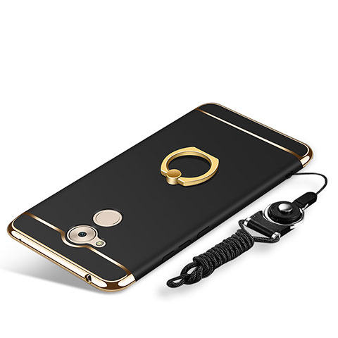 Funda Bumper Lujo Marco de Metal y Plastico Carcasa con Anillo de dedo Soporte y Lanyard para Huawei Enjoy 6S Negro