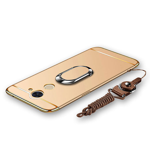 Funda Bumper Lujo Marco de Metal y Plastico Carcasa con Anillo de dedo Soporte y Lanyard para Huawei Enjoy 7 Plus Oro