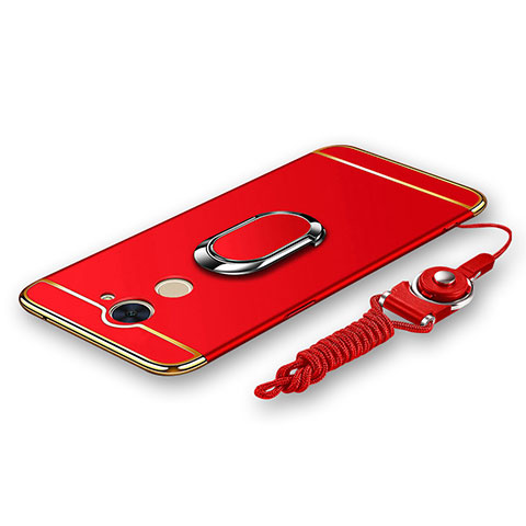 Funda Bumper Lujo Marco de Metal y Plastico Carcasa con Anillo de dedo Soporte y Lanyard para Huawei Enjoy 7 Plus Rojo