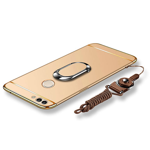 Funda Bumper Lujo Marco de Metal y Plastico Carcasa con Anillo de dedo Soporte y Lanyard para Huawei Enjoy 7S Oro