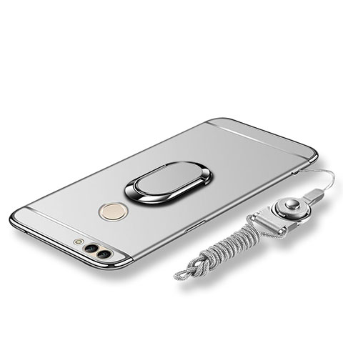 Funda Bumper Lujo Marco de Metal y Plastico Carcasa con Anillo de dedo Soporte y Lanyard para Huawei Enjoy 7S Plata