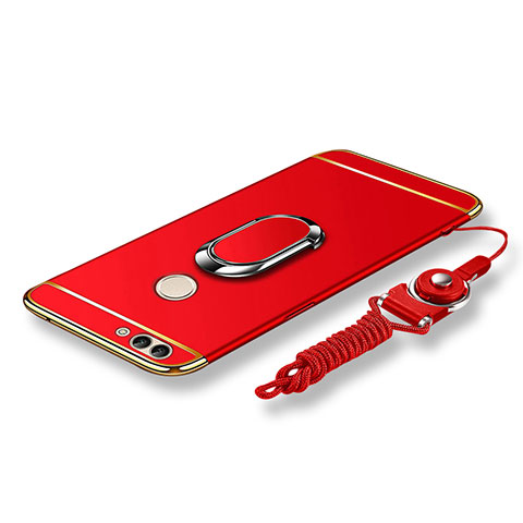 Funda Bumper Lujo Marco de Metal y Plastico Carcasa con Anillo de dedo Soporte y Lanyard para Huawei Enjoy 7S Rojo