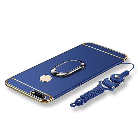 Funda Bumper Lujo Marco de Metal y Plastico Carcasa con Anillo de dedo Soporte y Lanyard para Huawei Enjoy 8 Azul