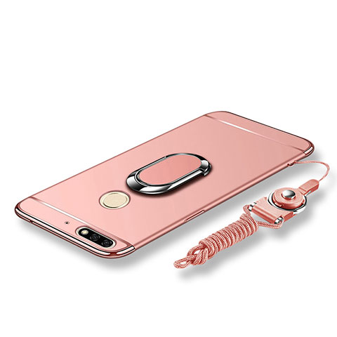 Funda Bumper Lujo Marco de Metal y Plastico Carcasa con Anillo de dedo Soporte y Lanyard para Huawei Enjoy 8 Oro Rosa