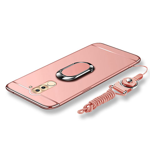 Funda Bumper Lujo Marco de Metal y Plastico Carcasa con Anillo de dedo Soporte y Lanyard para Huawei GR5 (2017) Oro Rosa