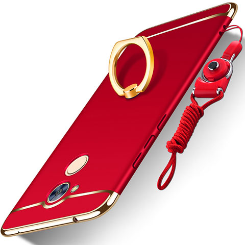 Funda Bumper Lujo Marco de Metal y Plastico Carcasa con Anillo de dedo Soporte y Lanyard para Huawei Honor 6A Rojo