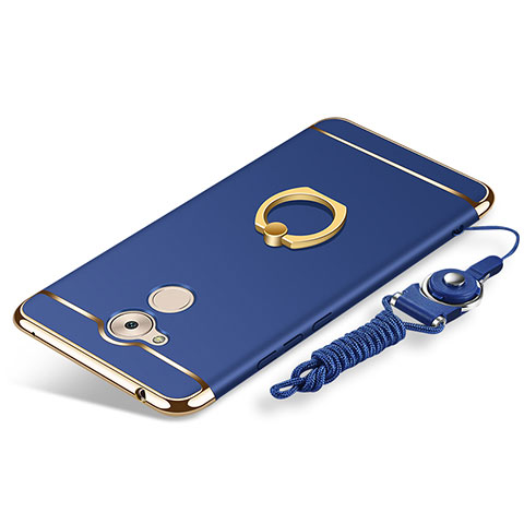 Funda Bumper Lujo Marco de Metal y Plastico Carcasa con Anillo de dedo Soporte y Lanyard para Huawei Honor 6C Azul