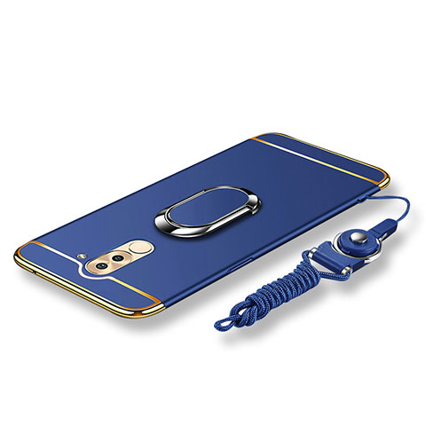 Funda Bumper Lujo Marco de Metal y Plastico Carcasa con Anillo de dedo Soporte y Lanyard para Huawei Honor 6X Azul