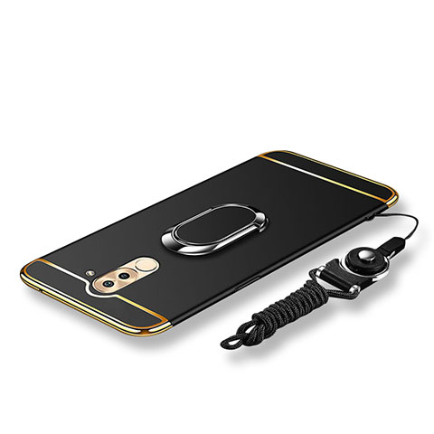 Funda Bumper Lujo Marco de Metal y Plastico Carcasa con Anillo de dedo Soporte y Lanyard para Huawei Honor 6X Negro