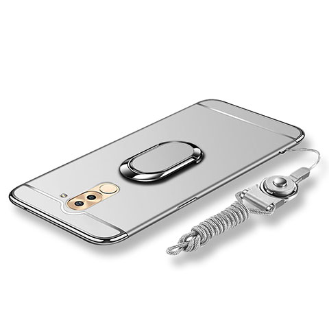 Funda Bumper Lujo Marco de Metal y Plastico Carcasa con Anillo de dedo Soporte y Lanyard para Huawei Honor 6X Pro Plata