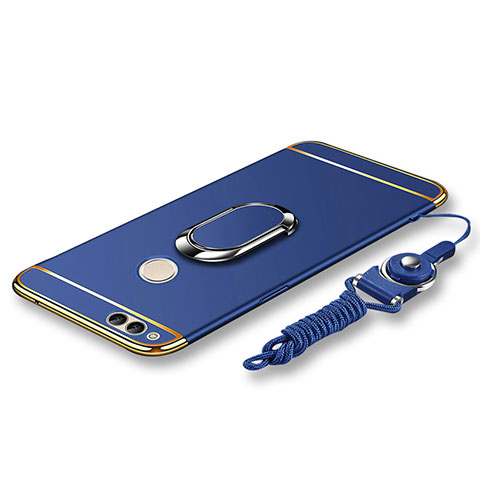 Funda Bumper Lujo Marco de Metal y Plastico Carcasa con Anillo de dedo Soporte y Lanyard para Huawei Honor 7X Azul