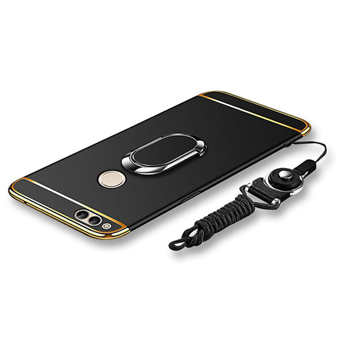 Funda Bumper Lujo Marco de Metal y Plastico Carcasa con Anillo de dedo Soporte y Lanyard para Huawei Honor 7X Negro