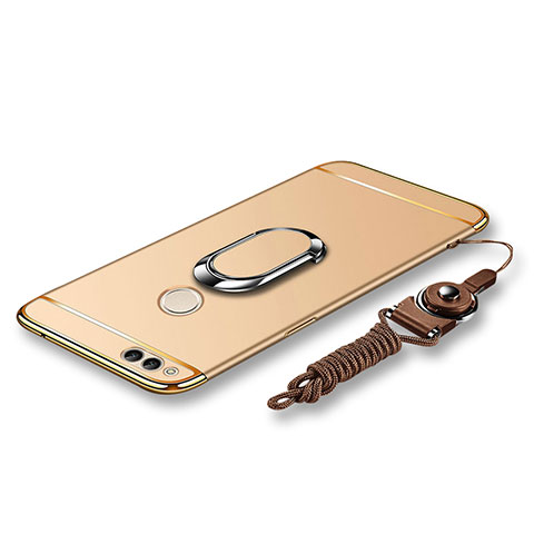 Funda Bumper Lujo Marco de Metal y Plastico Carcasa con Anillo de dedo Soporte y Lanyard para Huawei Honor 7X Oro