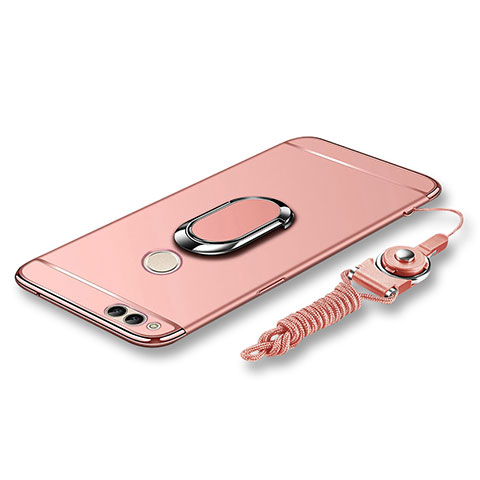 Funda Bumper Lujo Marco de Metal y Plastico Carcasa con Anillo de dedo Soporte y Lanyard para Huawei Honor 7X Oro Rosa