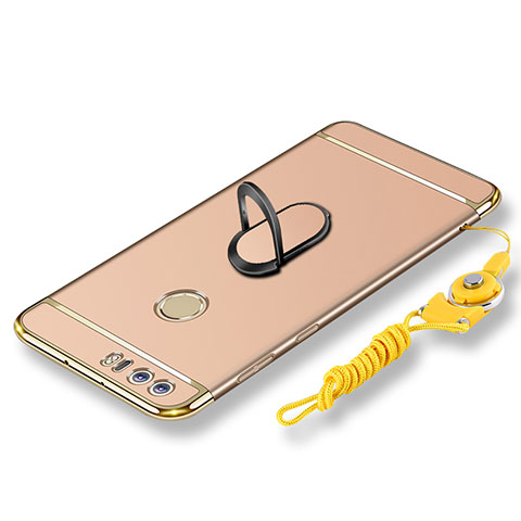 Funda Bumper Lujo Marco de Metal y Plastico Carcasa con Anillo de dedo Soporte y Lanyard para Huawei Honor 8 Oro