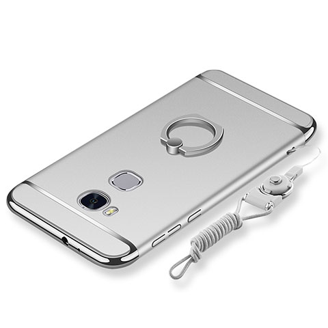 Funda Bumper Lujo Marco de Metal y Plastico Carcasa con Anillo de dedo Soporte y Lanyard para Huawei Honor Play 5X Plata