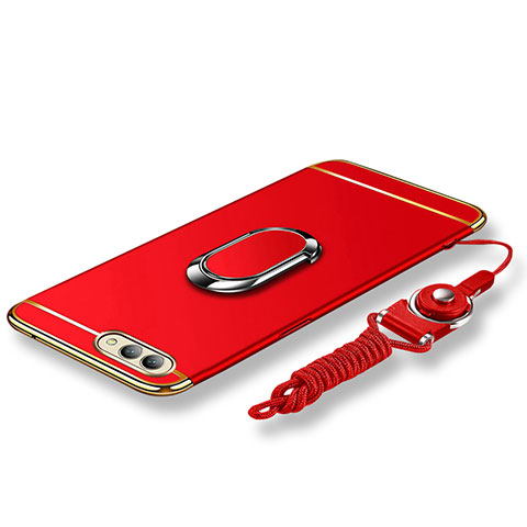 Funda Bumper Lujo Marco de Metal y Plastico Carcasa con Anillo de dedo Soporte y Lanyard para Huawei Honor V10 Rojo