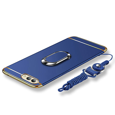 Funda Bumper Lujo Marco de Metal y Plastico Carcasa con Anillo de dedo Soporte y Lanyard para Huawei Honor View 10 Azul