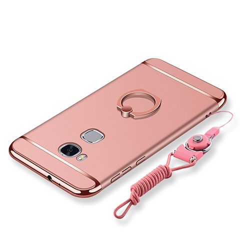 Funda Bumper Lujo Marco de Metal y Plastico Carcasa con Anillo de dedo Soporte y Lanyard para Huawei Honor X5 Oro Rosa