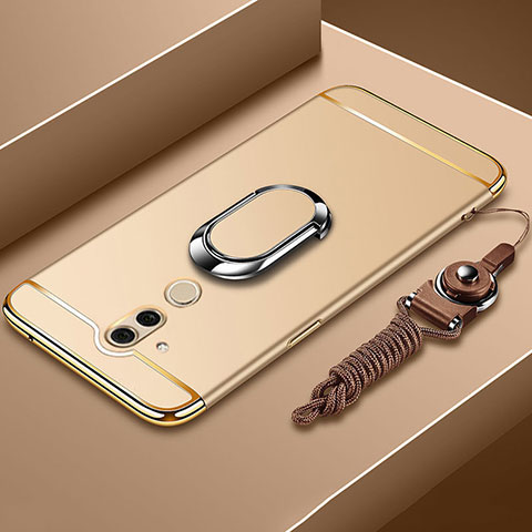 Funda Bumper Lujo Marco de Metal y Plastico Carcasa con Anillo de dedo Soporte y Lanyard para Huawei Mate 20 Lite Oro