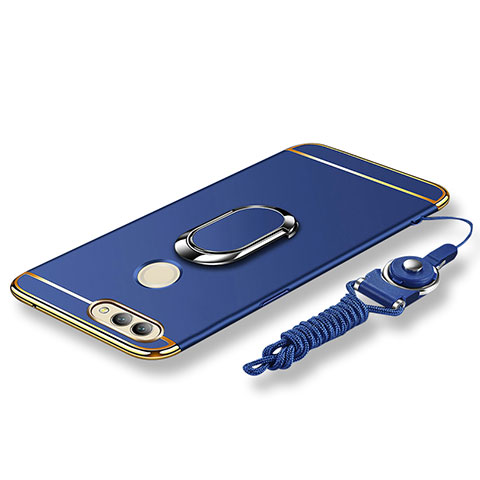 Funda Bumper Lujo Marco de Metal y Plastico Carcasa con Anillo de dedo Soporte y Lanyard para Huawei Nova 2 Azul