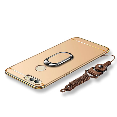 Funda Bumper Lujo Marco de Metal y Plastico Carcasa con Anillo de dedo Soporte y Lanyard para Huawei Nova 2 Oro