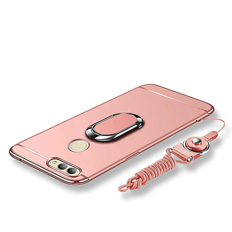 Funda Bumper Lujo Marco de Metal y Plastico Carcasa con Anillo de dedo Soporte y Lanyard para Huawei Nova 2 Oro Rosa