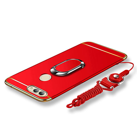 Funda Bumper Lujo Marco de Metal y Plastico Carcasa con Anillo de dedo Soporte y Lanyard para Huawei Nova 2 Rojo