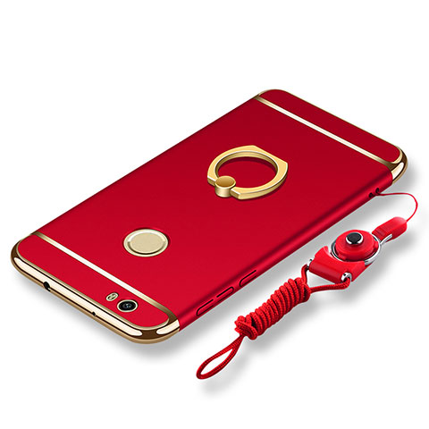 Funda Bumper Lujo Marco de Metal y Plastico Carcasa con Anillo de dedo Soporte y Lanyard para Huawei Nova Rojo