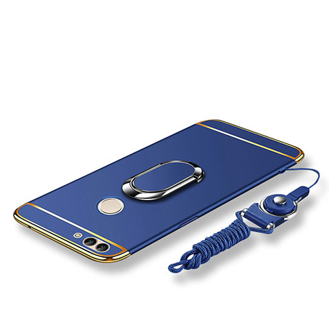 Funda Bumper Lujo Marco de Metal y Plastico Carcasa con Anillo de dedo Soporte y Lanyard para Huawei P Smart Azul