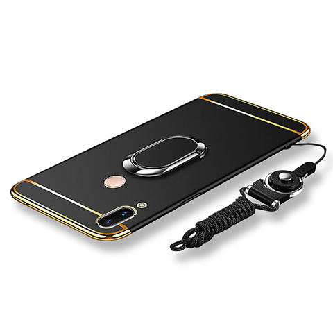 Funda Bumper Lujo Marco de Metal y Plastico Carcasa con Anillo de dedo Soporte y Lanyard para Huawei P20 Lite Negro