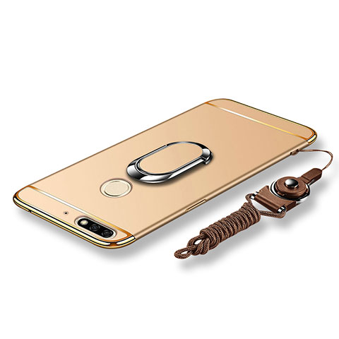 Funda Bumper Lujo Marco de Metal y Plastico Carcasa con Anillo de dedo Soporte y Lanyard para Huawei Y7 (2018) Oro