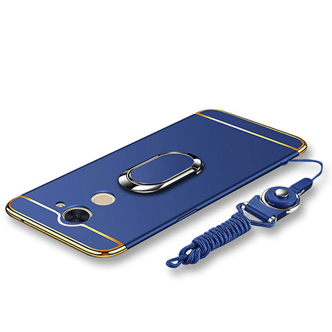 Funda Bumper Lujo Marco de Metal y Plastico Carcasa con Anillo de dedo Soporte y Lanyard para Huawei Y7 Prime Azul