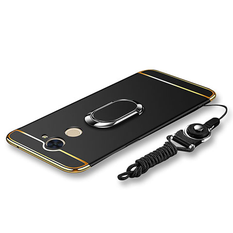 Funda Bumper Lujo Marco de Metal y Plastico Carcasa con Anillo de dedo Soporte y Lanyard para Huawei Y7 Prime Negro