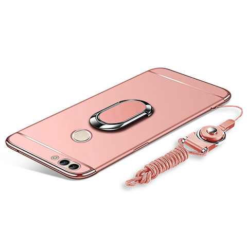 Funda Bumper Lujo Marco de Metal y Plastico Carcasa con Anillo de dedo Soporte y Lanyard para Huawei Y9 (2018) Oro Rosa