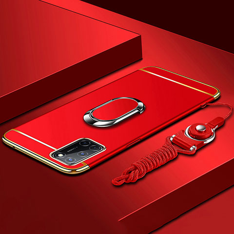 Funda Bumper Lujo Marco de Metal y Plastico Carcasa con Anillo de dedo Soporte y Lanyard para Oppo A52 Rojo