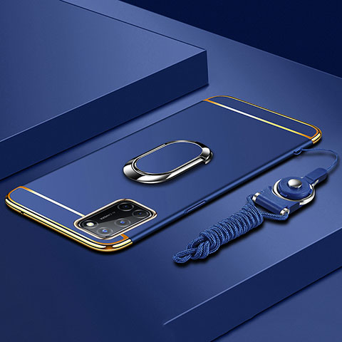 Funda Bumper Lujo Marco de Metal y Plastico Carcasa con Anillo de dedo Soporte y Lanyard para Oppo A72 Azul