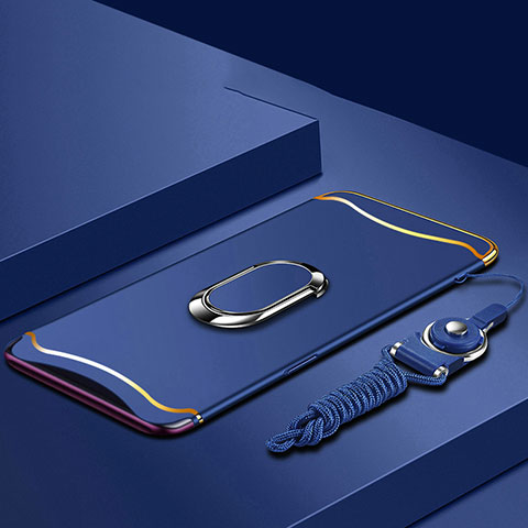 Funda Bumper Lujo Marco de Metal y Plastico Carcasa con Anillo de dedo Soporte y Lanyard para Oppo Find X Azul