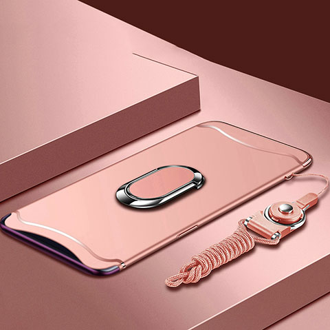 Funda Bumper Lujo Marco de Metal y Plastico Carcasa con Anillo de dedo Soporte y Lanyard para Oppo Find X Oro Rosa