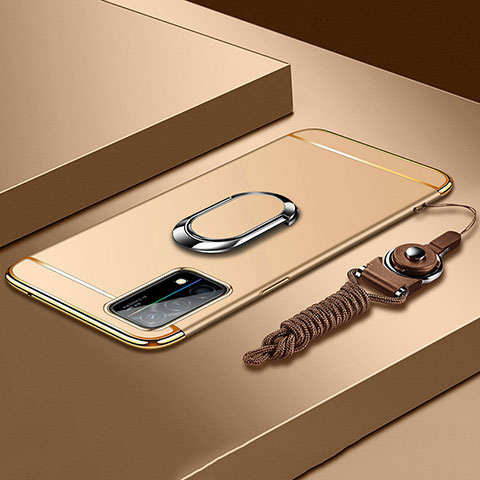 Funda Bumper Lujo Marco de Metal y Plastico Carcasa con Anillo de dedo Soporte y Lanyard para Oppo K9 5G Oro