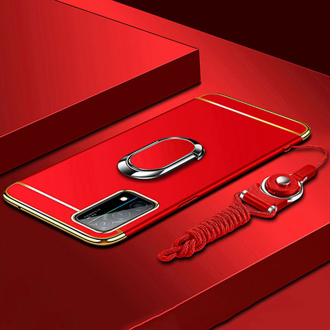 Funda Bumper Lujo Marco de Metal y Plastico Carcasa con Anillo de dedo Soporte y Lanyard para Oppo K9 5G Rojo