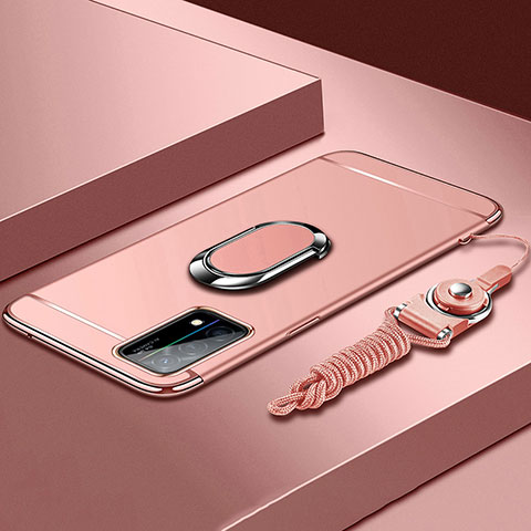 Funda Bumper Lujo Marco de Metal y Plastico Carcasa con Anillo de dedo Soporte y Lanyard para Oppo K9 5G Rosa