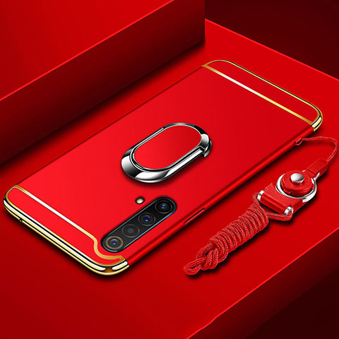 Funda Bumper Lujo Marco de Metal y Plastico Carcasa con Anillo de dedo Soporte y Lanyard para Realme X3 SuperZoom Rojo