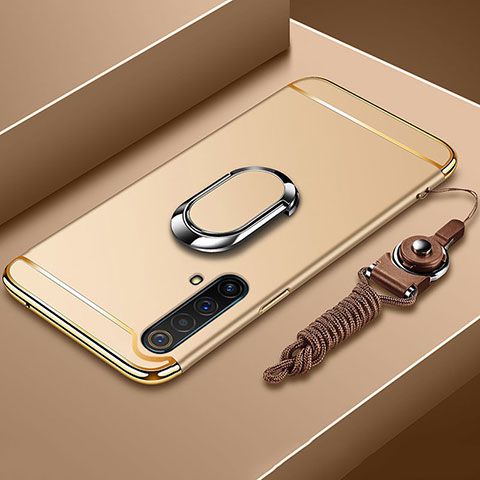 Funda Bumper Lujo Marco de Metal y Plastico Carcasa con Anillo de dedo Soporte y Lanyard para Realme X50t 5G Oro