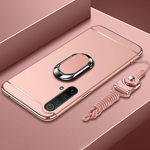 Funda Bumper Lujo Marco de Metal y Plastico Carcasa con Anillo de dedo Soporte y Lanyard para Realme X50t 5G Oro Rosa