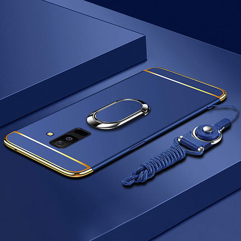 Funda Bumper Lujo Marco de Metal y Plastico Carcasa con Anillo de dedo Soporte y Lanyard para Samsung Galaxy A6 Plus (2018) Azul