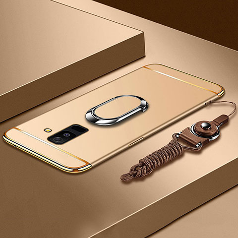 Funda Bumper Lujo Marco de Metal y Plastico Carcasa con Anillo de dedo Soporte y Lanyard para Samsung Galaxy A6 Plus (2018) Oro